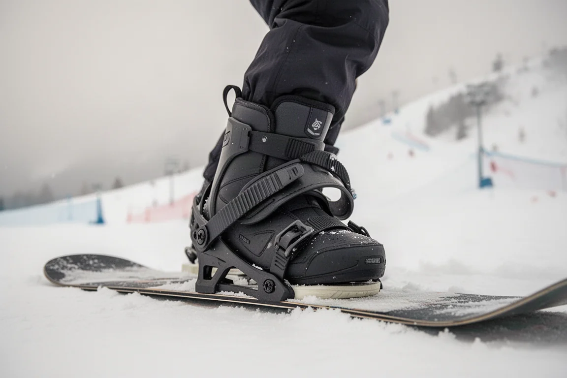 Fahrer biegt und justiert den Ankle Strap einer Snowboard-Binding
