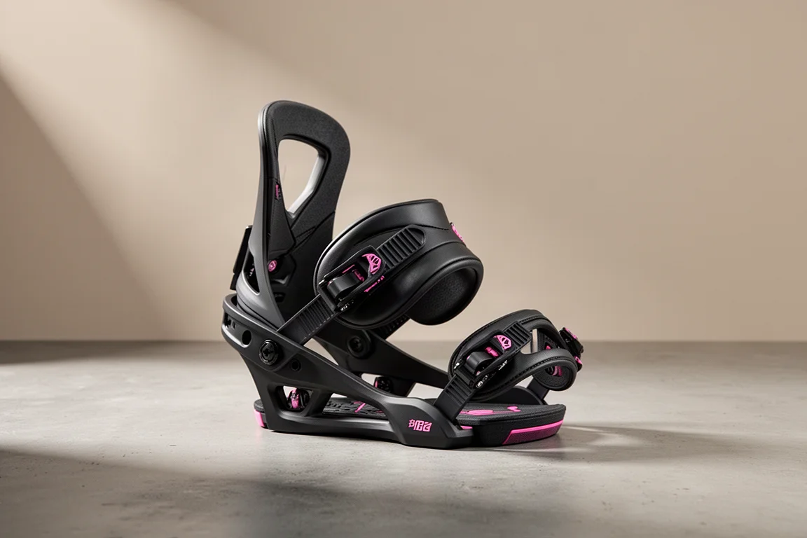 Fixation de snowboard Nidecker KON avec sangles noires et accents roses sur une surface en béton
