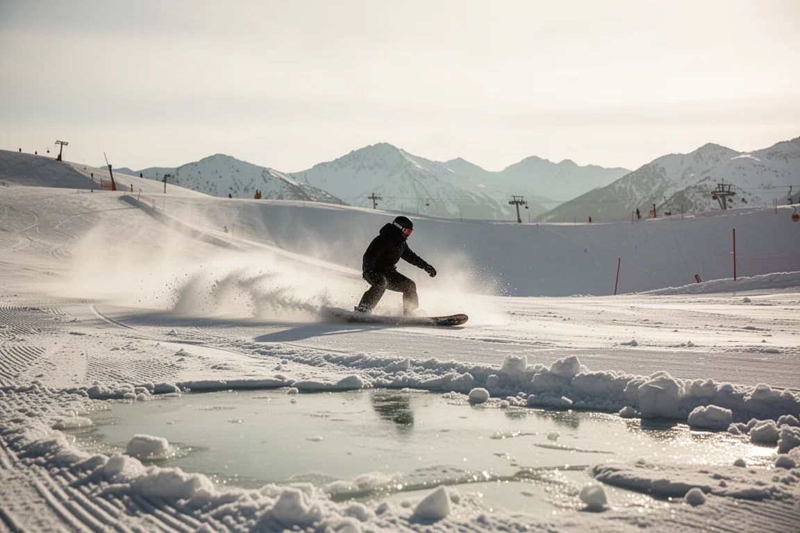 Snowboarder carving a heel-side turn through wet spring slush on a groomed run