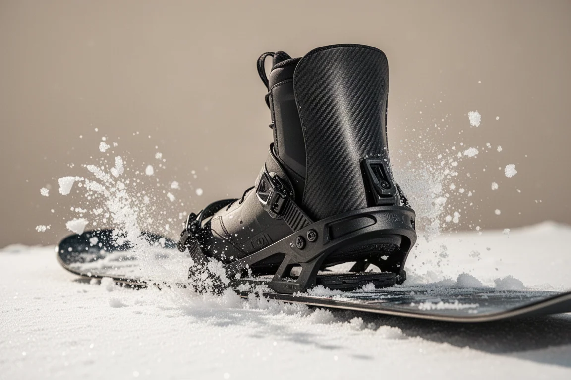 Low-angle detail of a boot locked into a stiff binding with a carbon highback