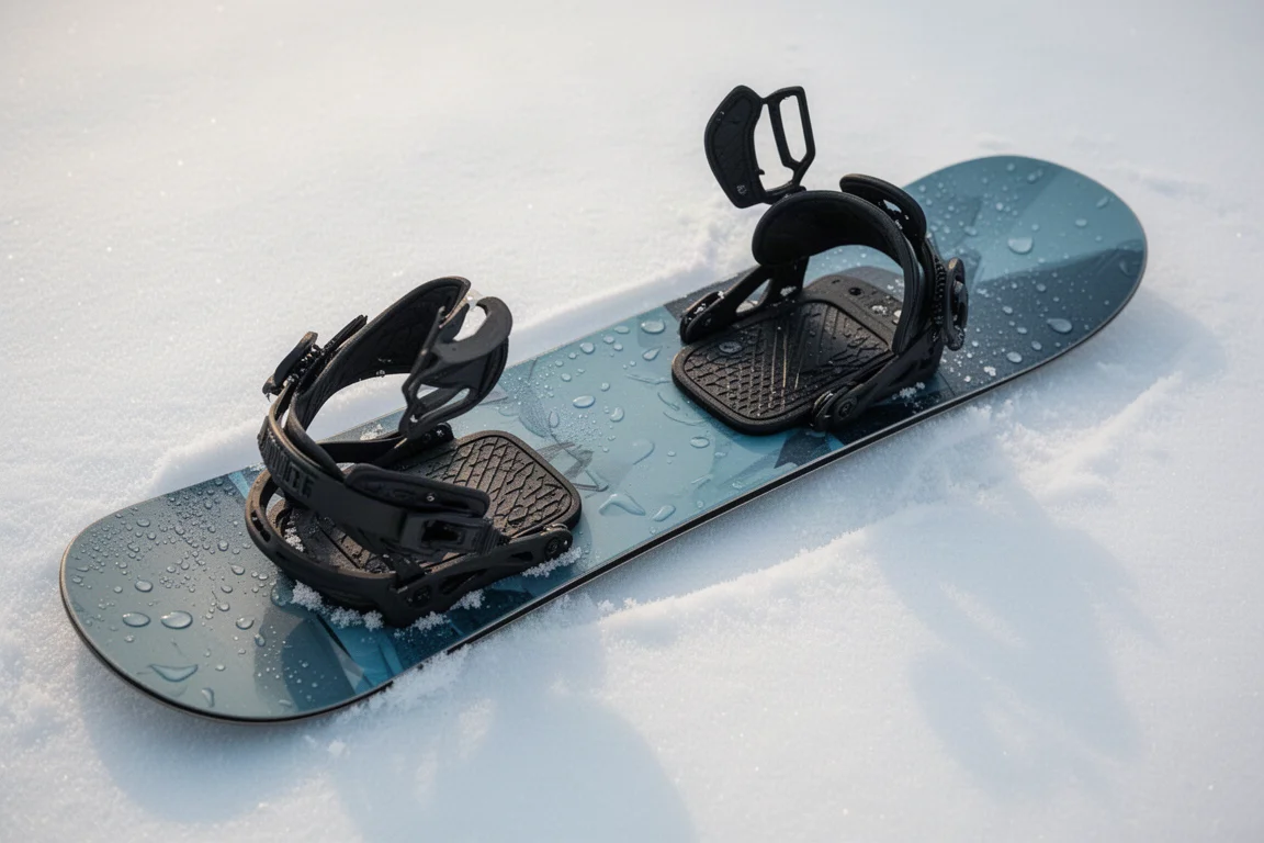 Overhead view of a snowboard binding base tray and rubber foot pad on packed snow