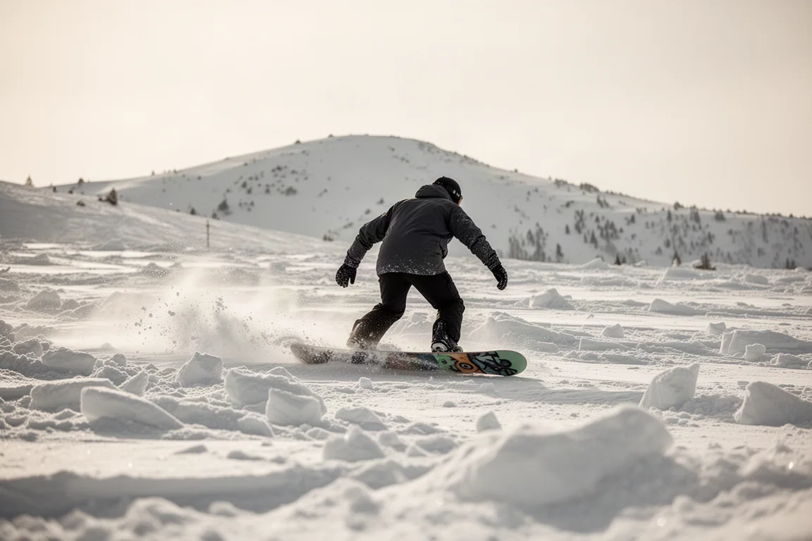 Snowboarder riding chopped late-season snow in soft afternoon light