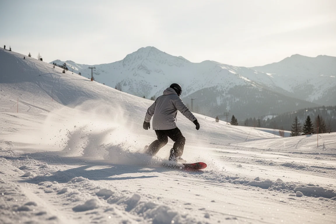 Snowboarder trazando curvas sobre nieve primaveral derretida en una pista soleada