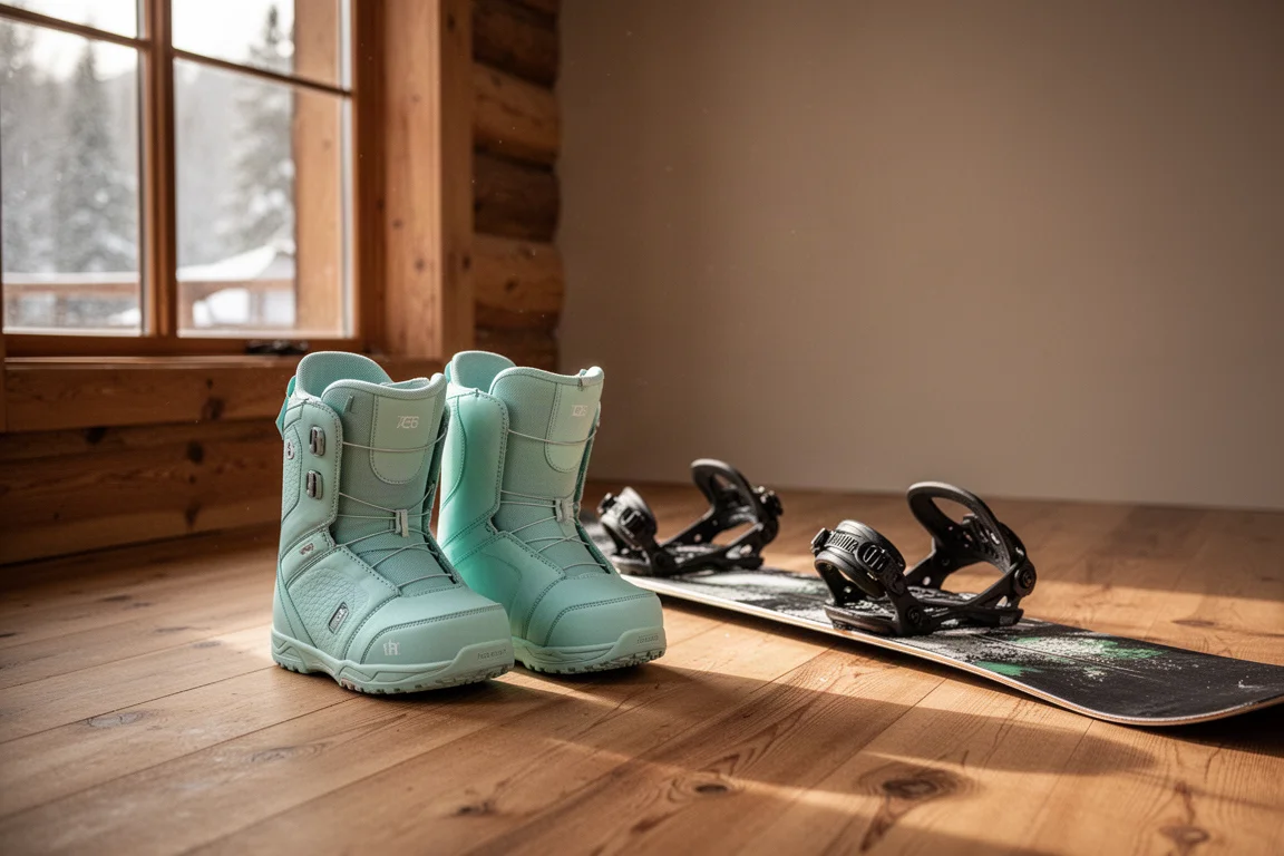 Botas de snowboard en el suelo de un refugio con fijaciones y una tabla junto a la ventana