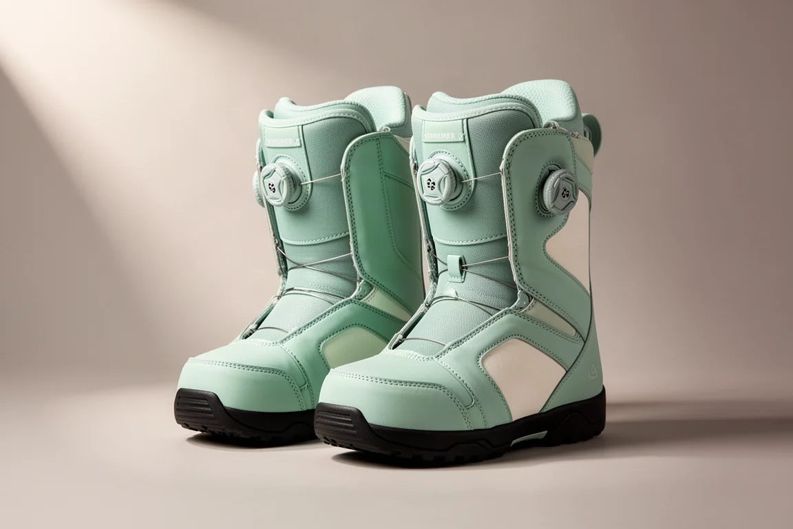 Paire de boots de snowboard vert d'eau avec laçage à molette sur fond gris neutre