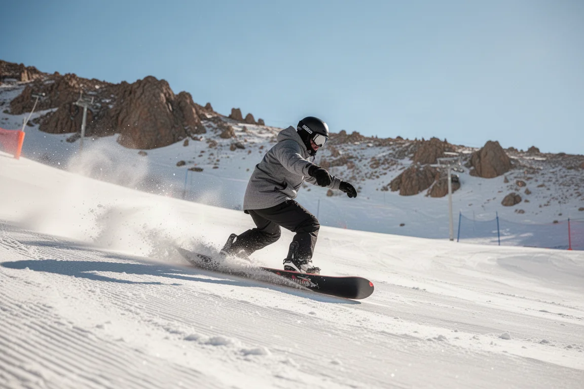 Snowboarder fährt auf sonnigem Resort-Berg über Hartpiste