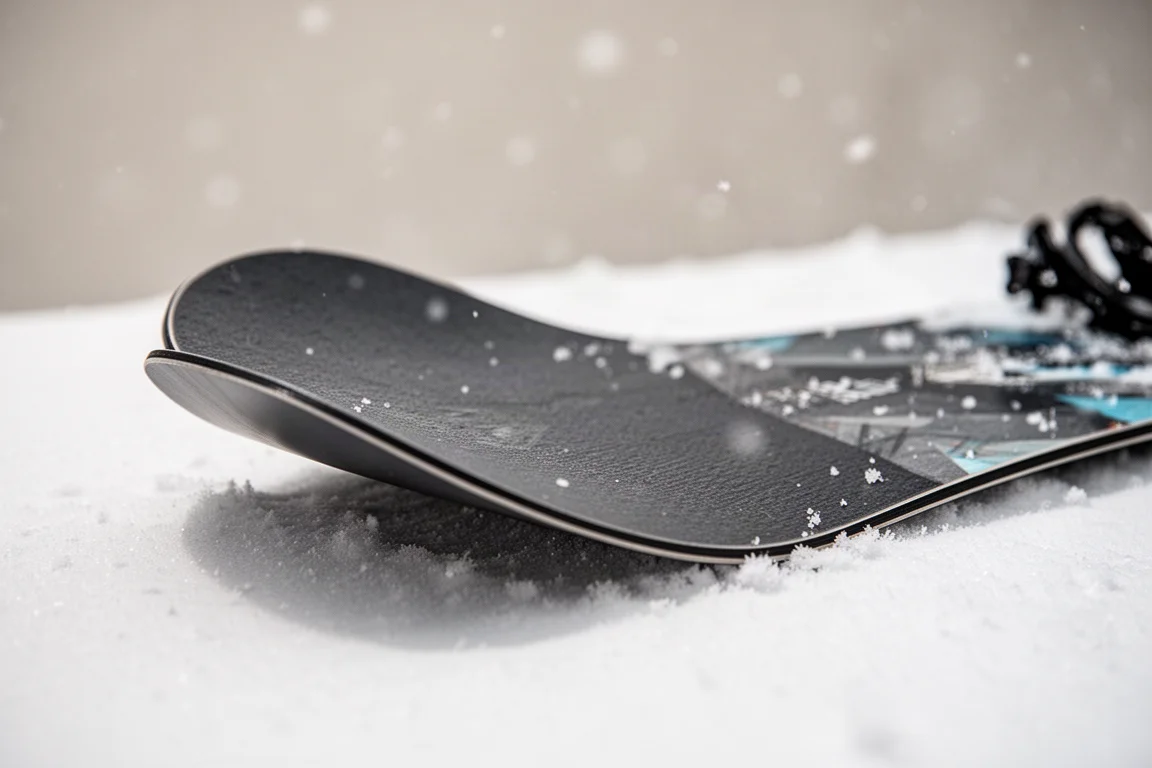 Nahaufnahme der Snowboard-Nase mit Cam-Rocker-Profil