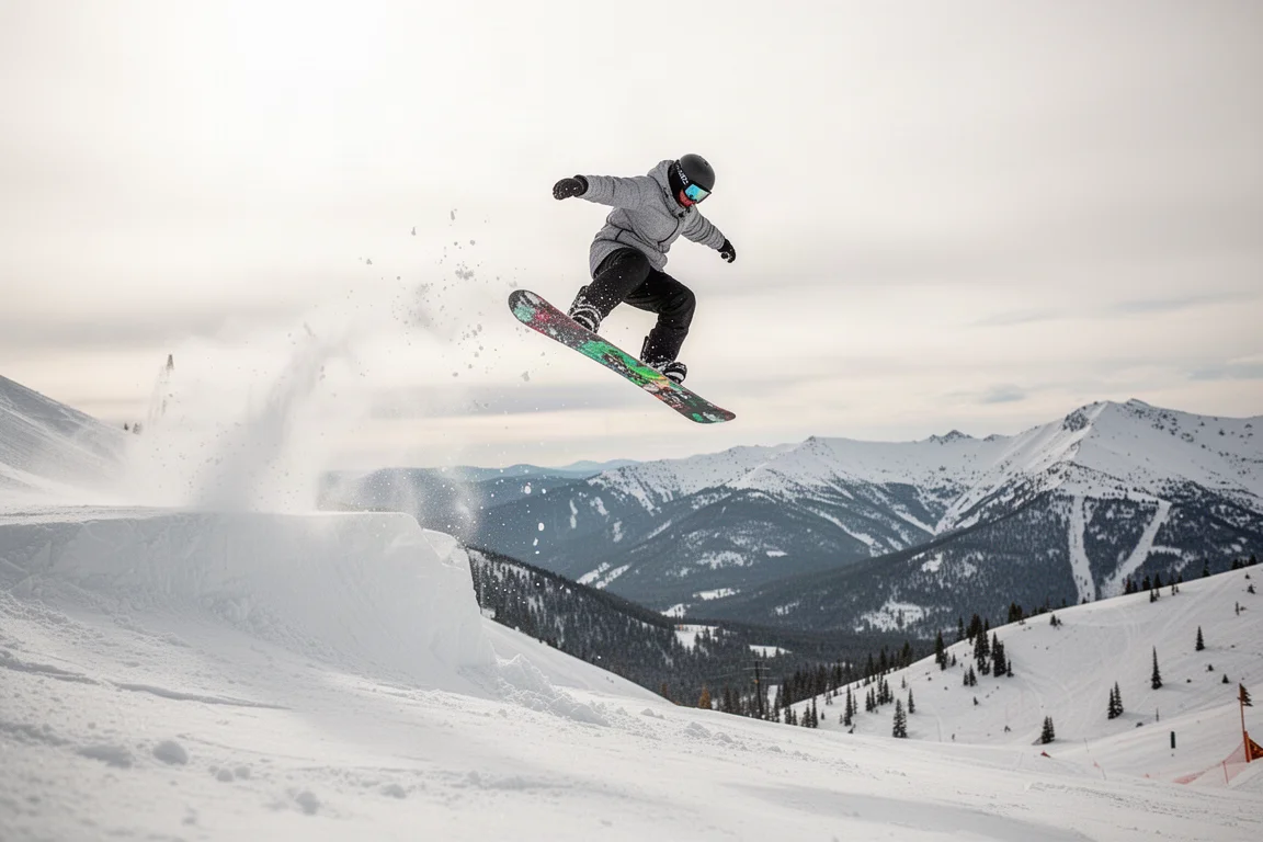Snowboarder springt an einem Berghang über einen Side-Hit