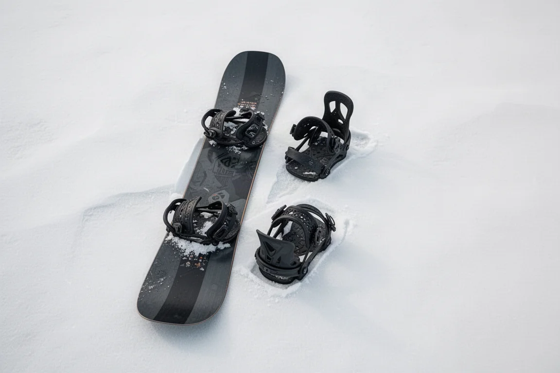 Snowboard und Bindungen bei weichem Licht im Schnee ausgelegt
