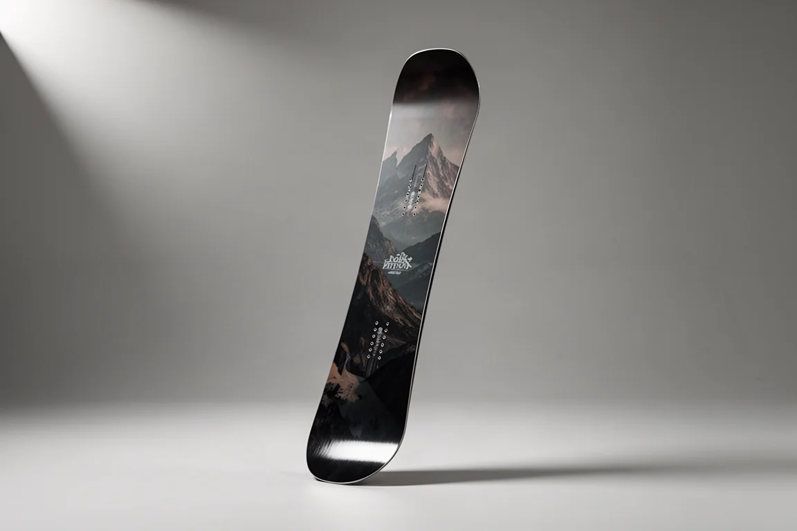 Nidecker Megalight Freeride-Snowboard aufrecht vor grauem Hintergrund
