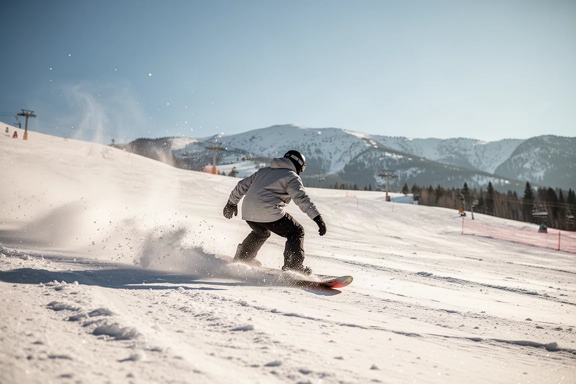 Snowboarder carving a turn on a sunlit spring resort slope