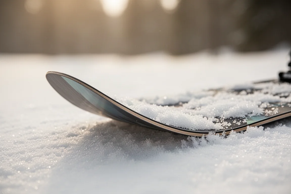 Close-up of a snowboard nose showing a rocker zone on snow