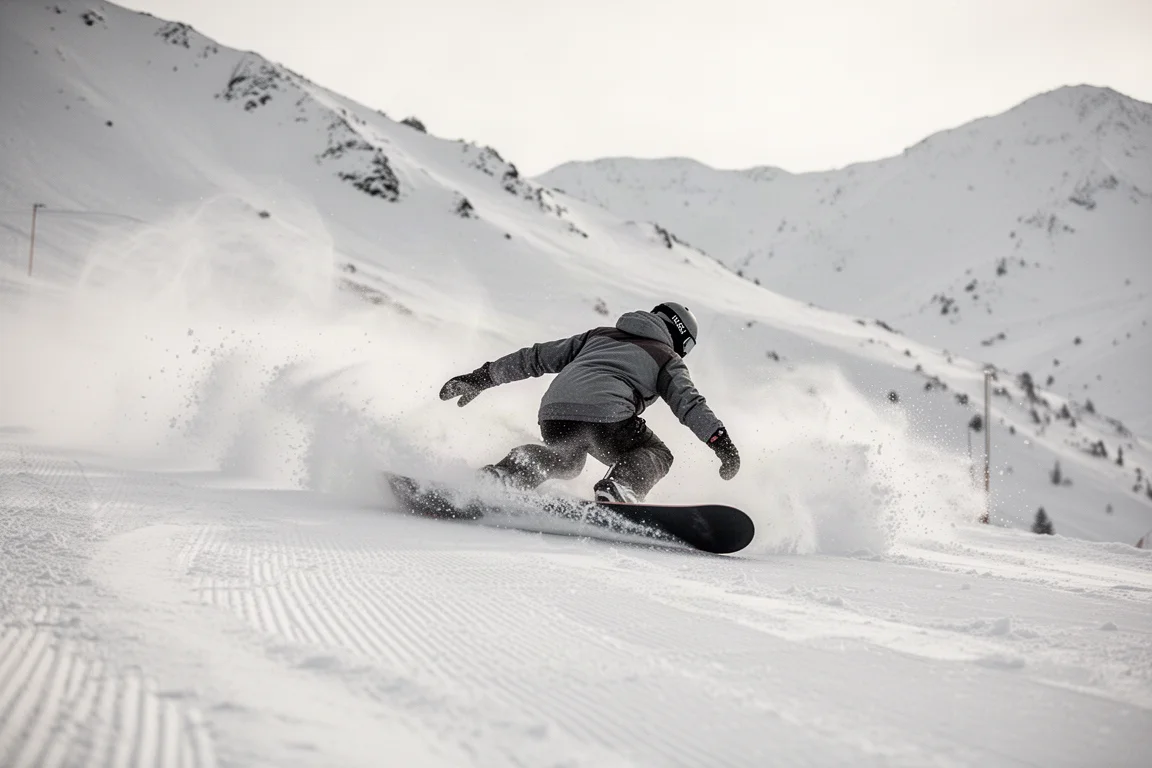 Snowboarder laying into a deep euro carve at high speed