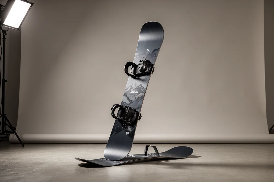 Nidecker Megalite all-mountain snowboard standing upright against a neutral backdrop