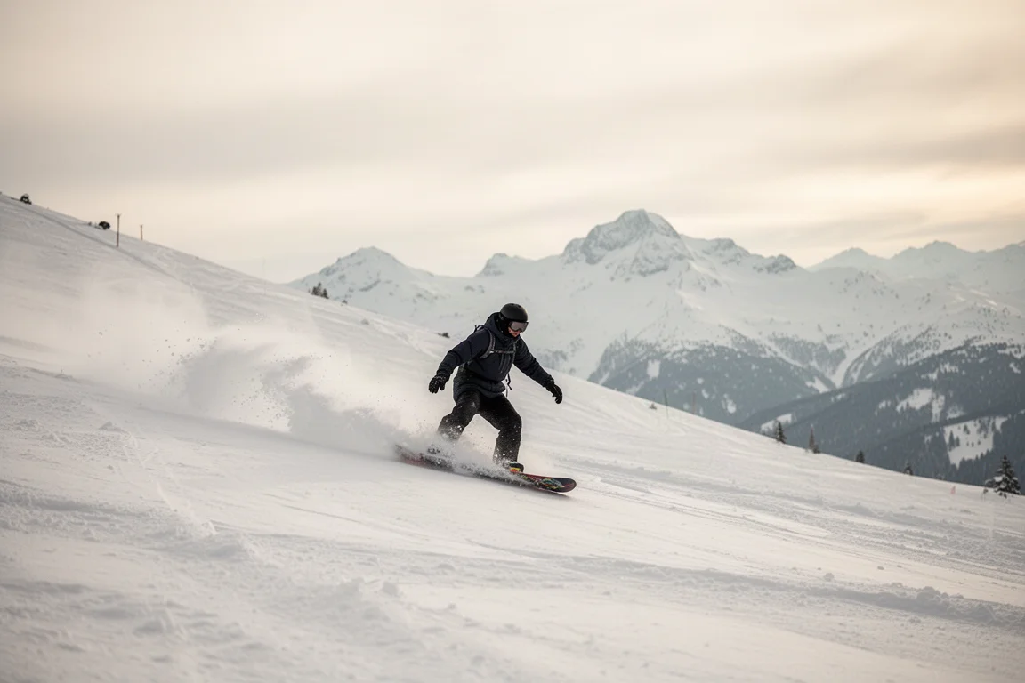 Snowboarder trazando un carve en una amplia pista alpina bajo una luminosa luz de invierno