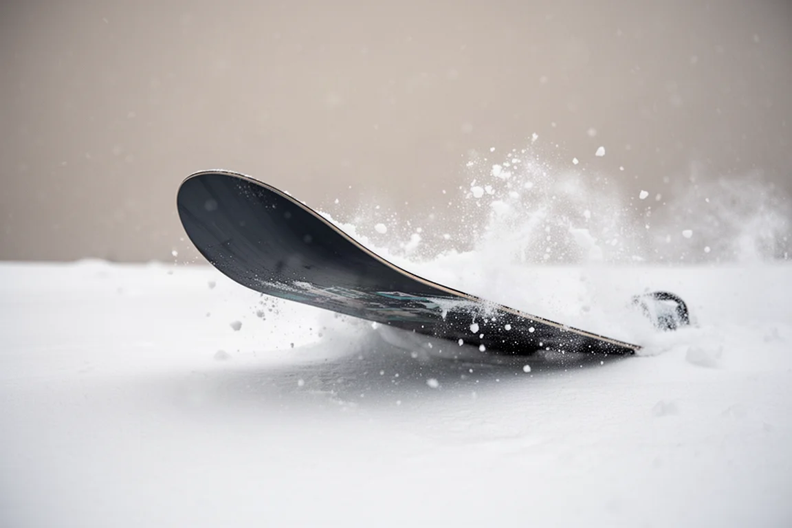 Primer plano de la pala de una tabla de snowboard elevándose sobre nieve polvo profunda