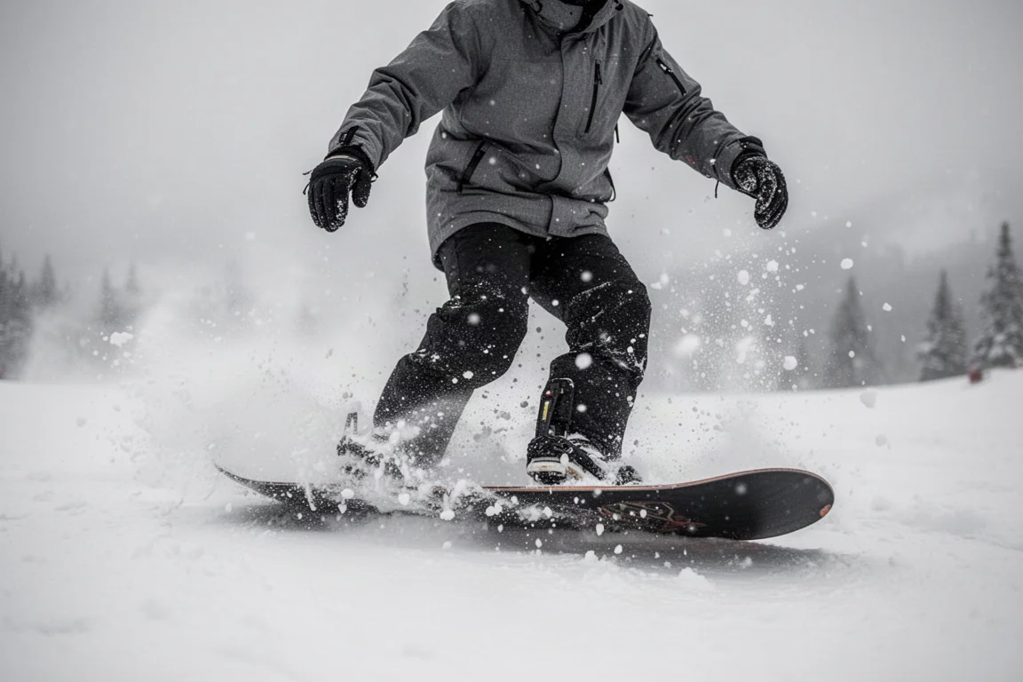 Snowboarder surcando nieve primaveral húmeda y slush en plena bajada