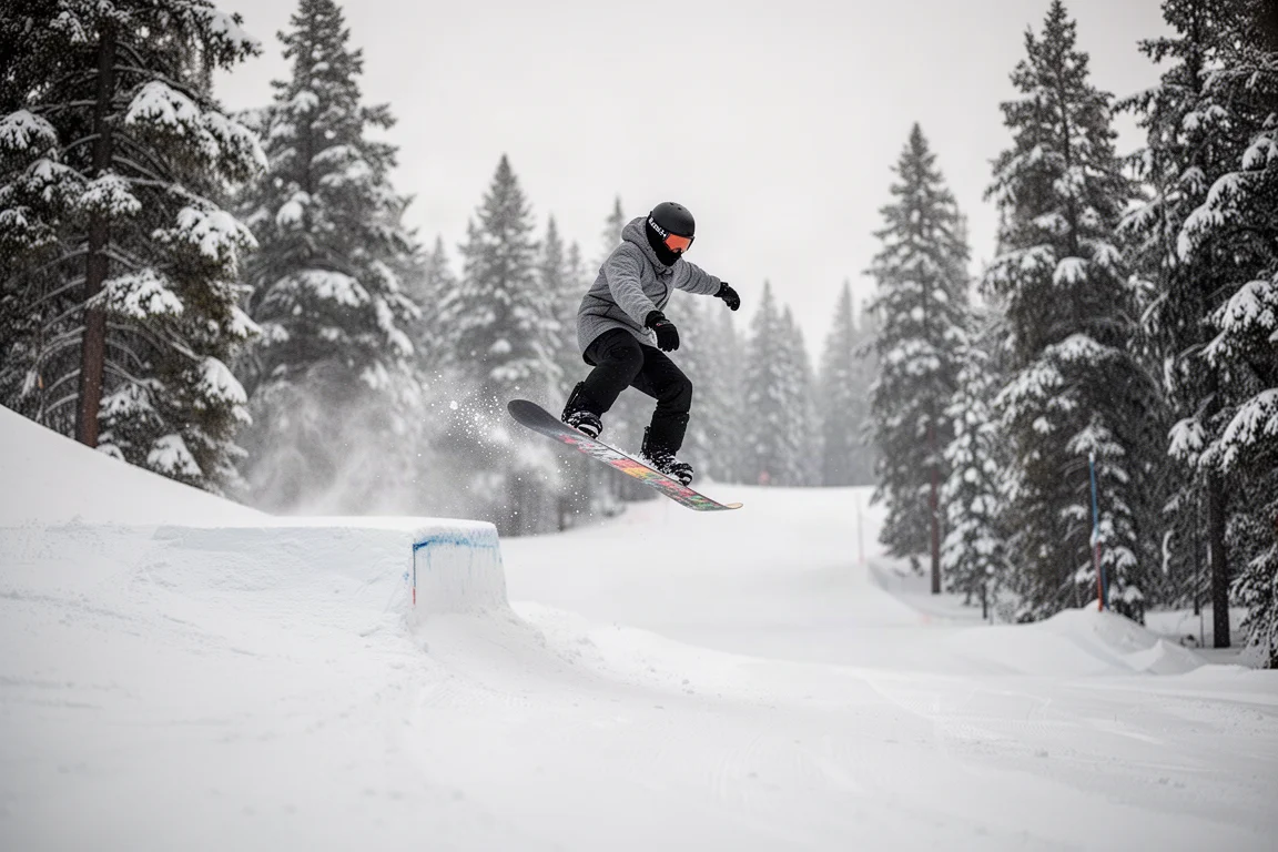 Snowboarder saltando desde un pequeño salto lateral junto a una pista preparada