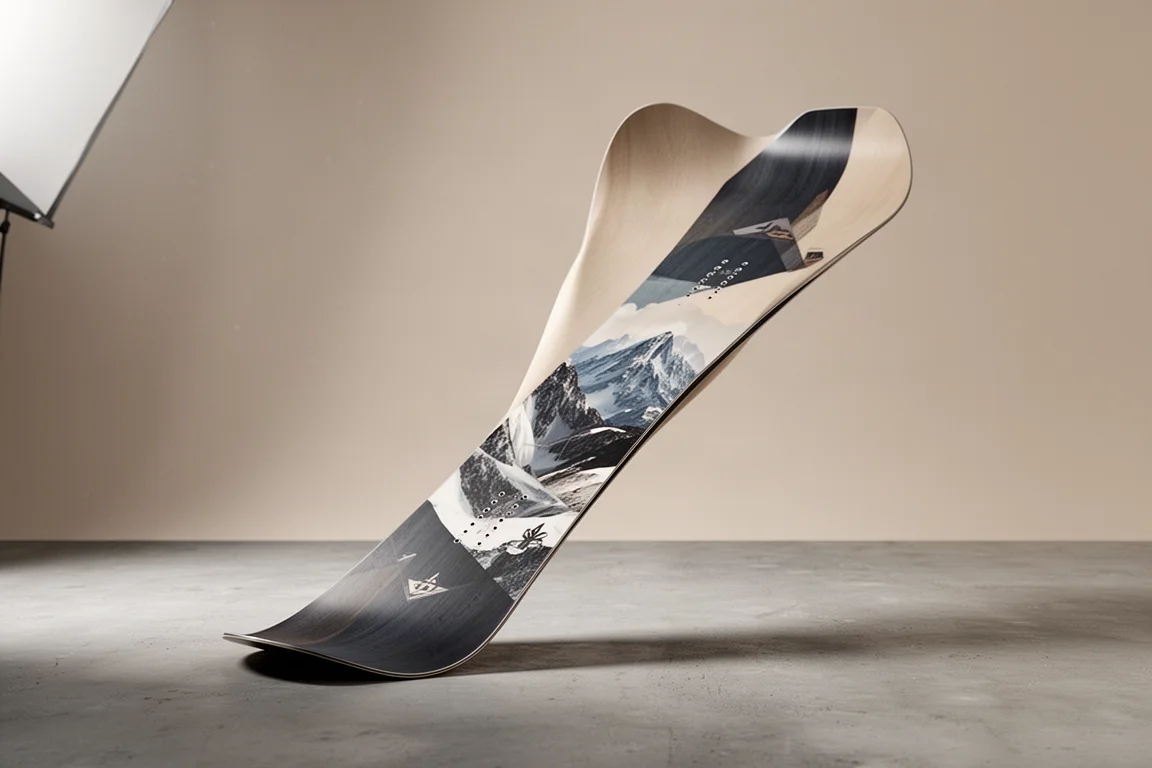 Nidecker Megalite directional snowboard standing on a matte concrete surface