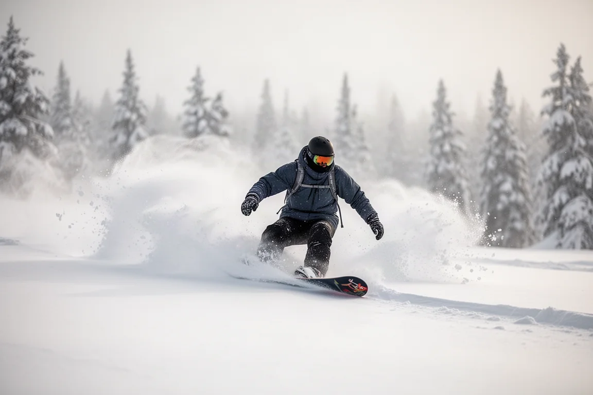 Snowboarder floating through low-angle powder with snow spray in soft light