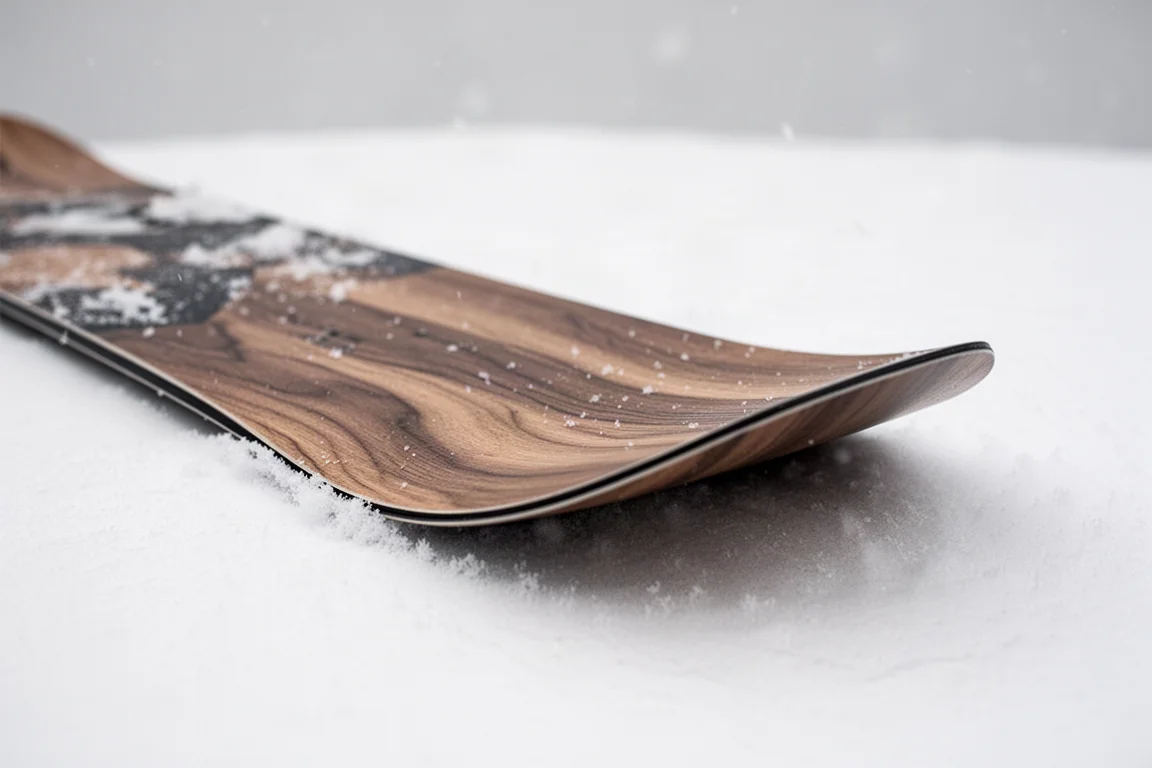 Close-up of a snowboard nose showing rocker transition into camber under the front foot