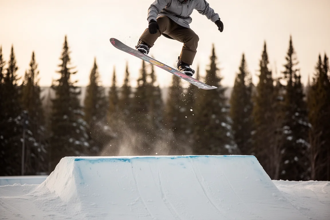 Snowboarder launching off a park jump in late afternoon light