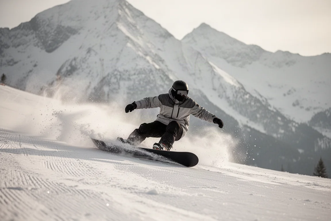 Snowboarder laying into a high-speed carve on groomed piste