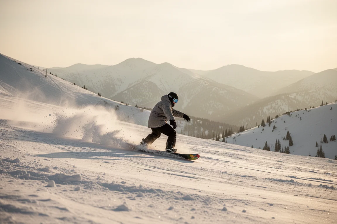 Snowboarder zieht auf sonniger Bergpiste weite Kurven durch weichen Frühlingsschnee
