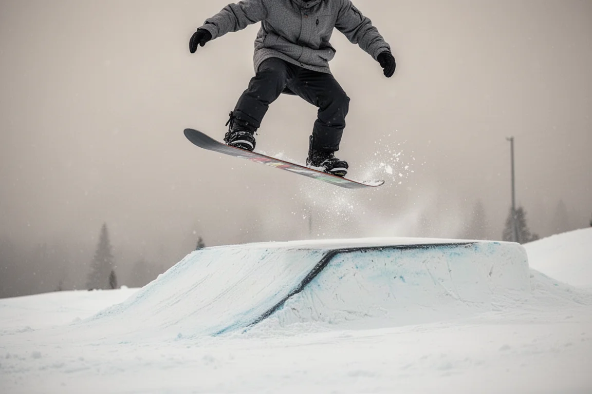 Snowboarder springt einen kleinen Ollie über eine Welle auf einer präparierten Parkpiste