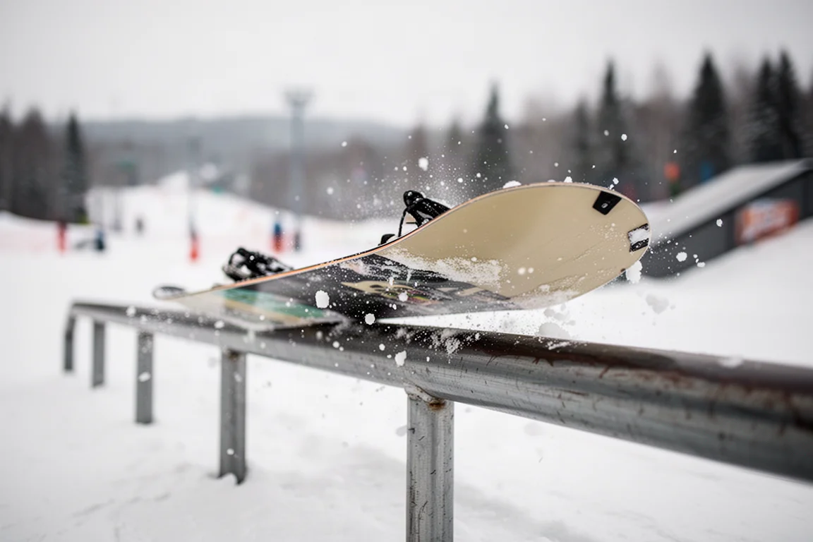 Nahaufnahme einer Snowboard-Basis, die über eine metallene Park-Rail gleitet