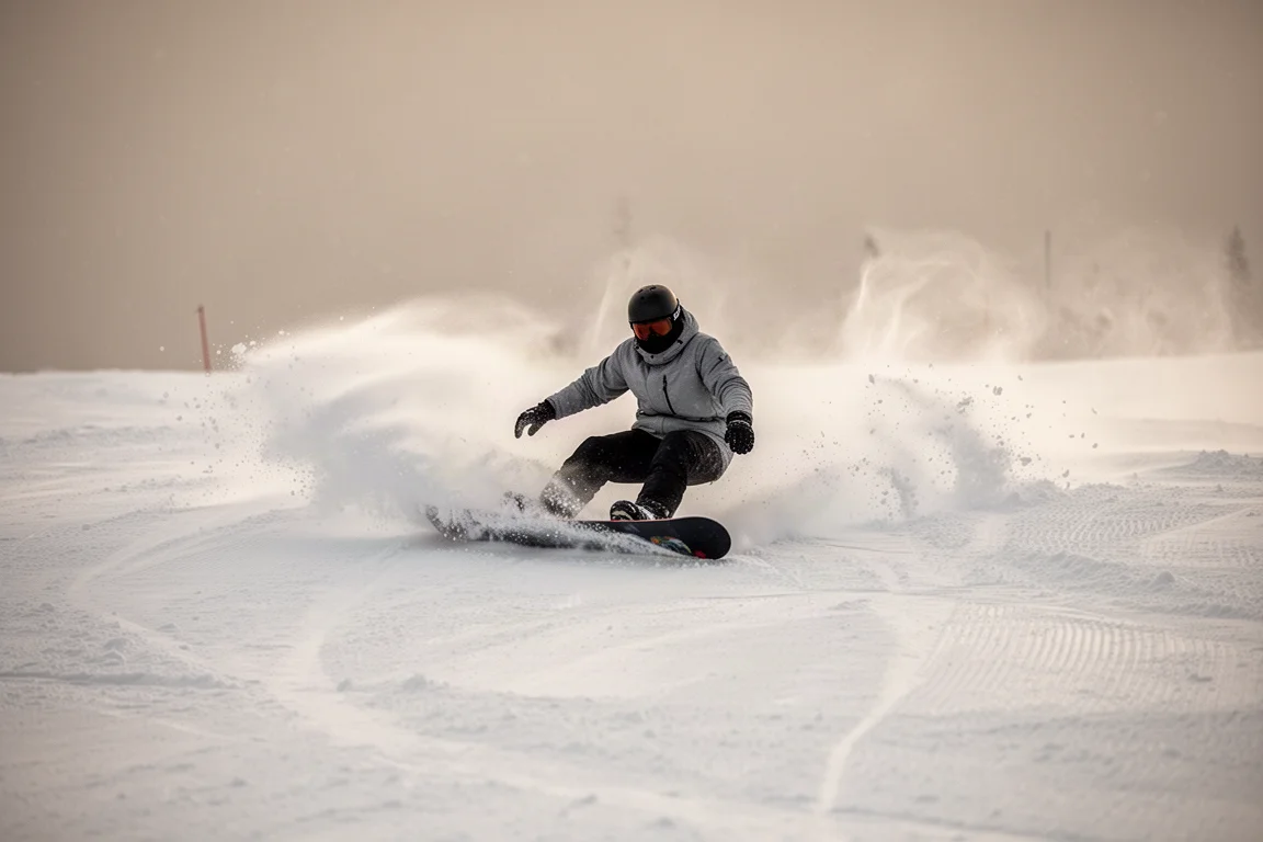 Snowboarder carve tiefen Bogen in weichen Schnee auf ruhiger Piste