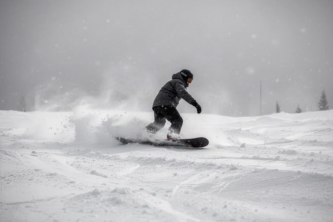 Snowboardzista jadący przez grudy śniegu z warstwą pyłu na skorupie przy pochmurnym niebie