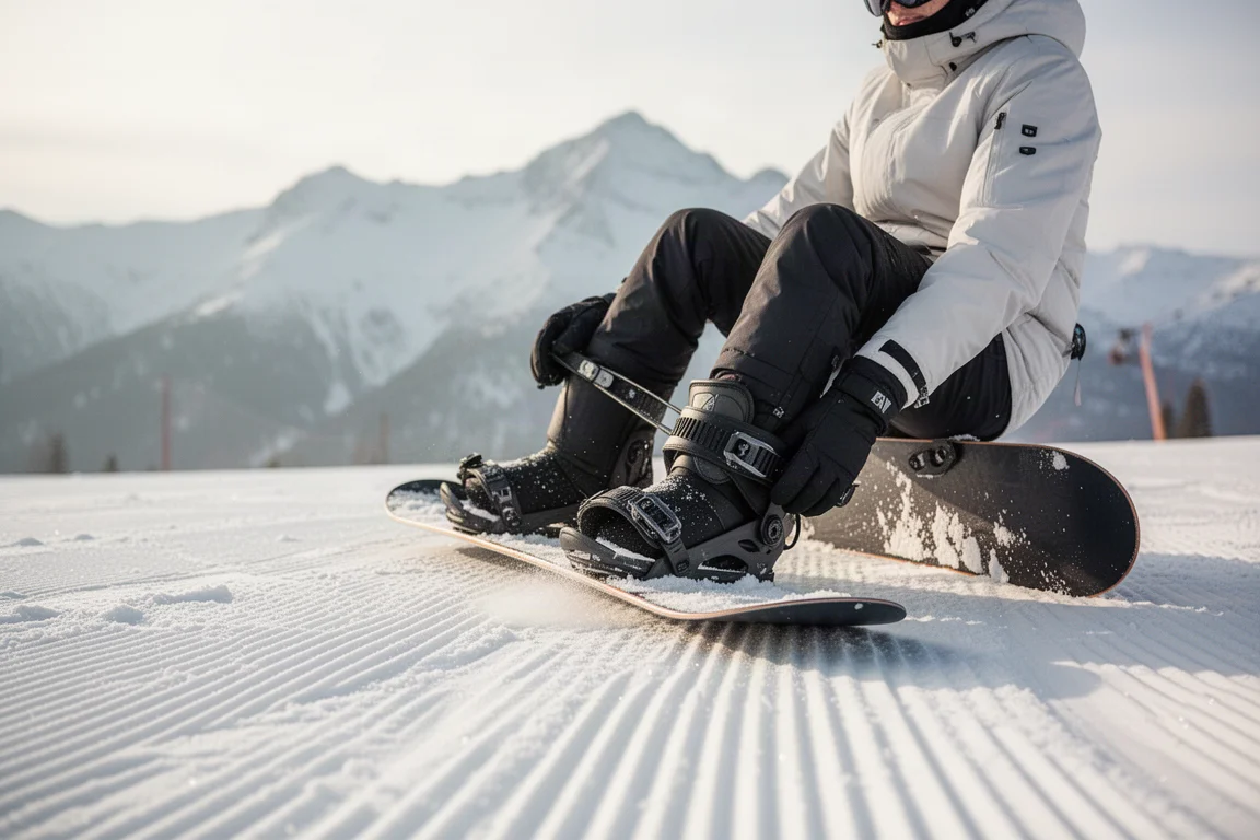 Snowboardeur attachant ses fixations sur une piste damée ferme à la lumière du matin