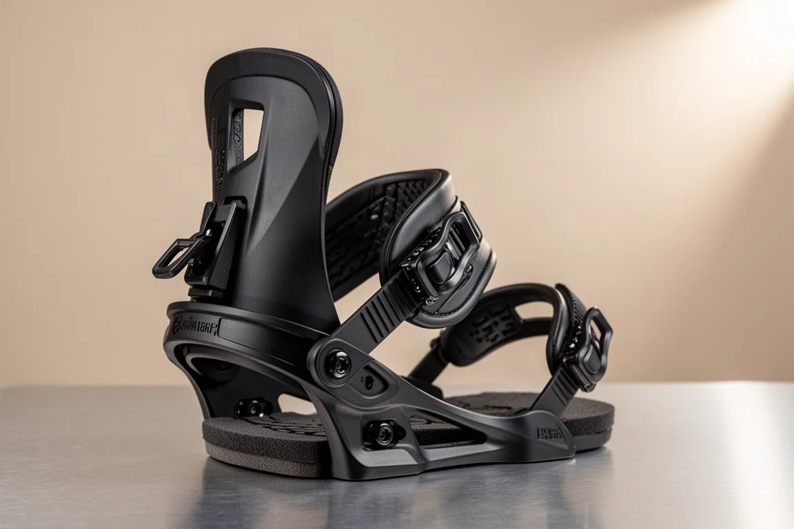 Détail du spoiler large et de la coque de talon d'une fixation de snowboard sur une surface neutre
