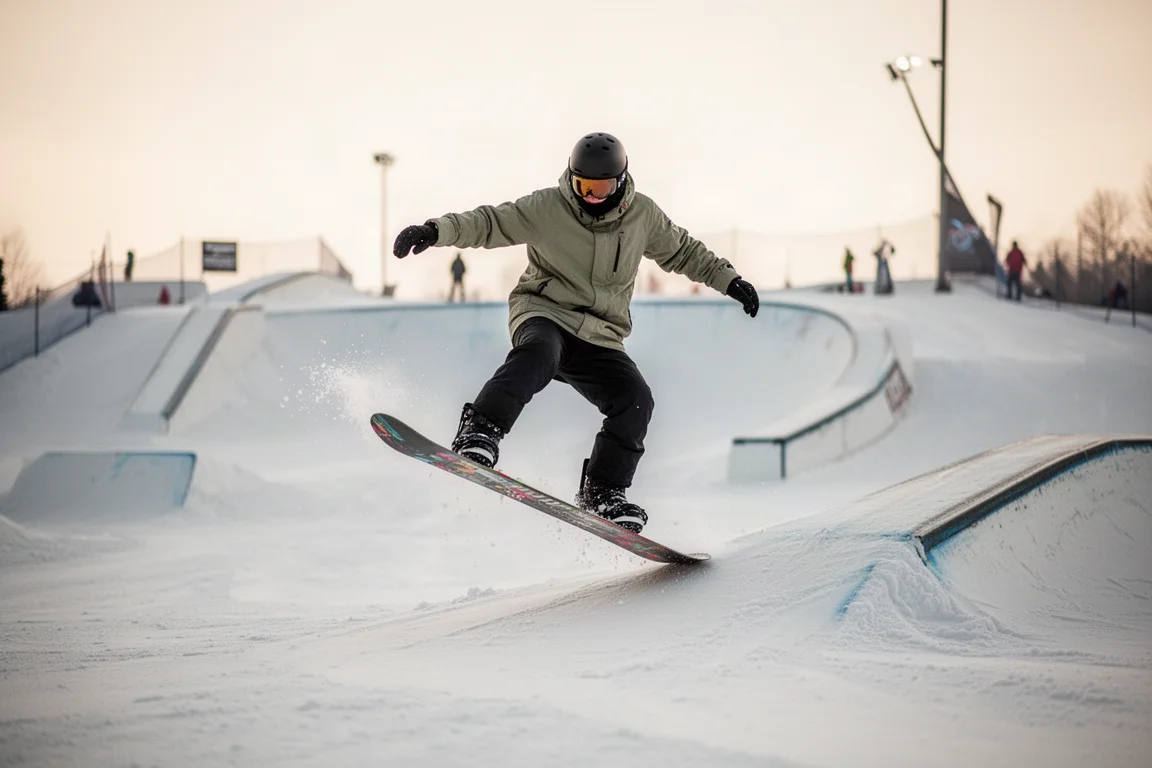 Snowboardeur faisant des butters et des presses sur une piste de park à l'heure dorée