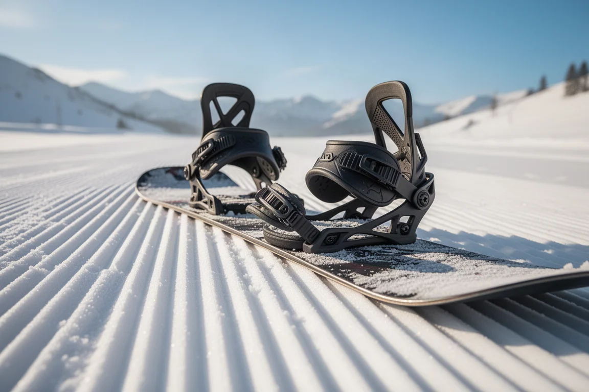 Snowboard binding strapped into a board on fast groomed corduroy snow