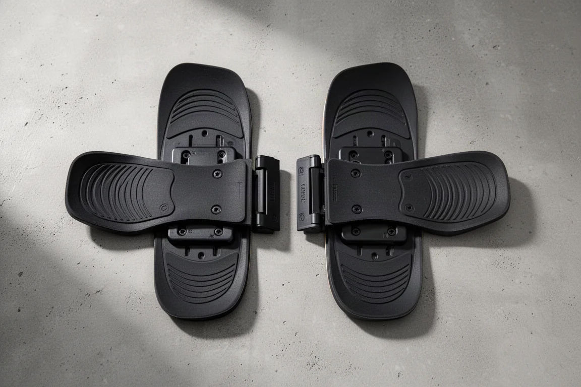 Two-piece adjustable binding footbed with toe and heel ramp sections separated