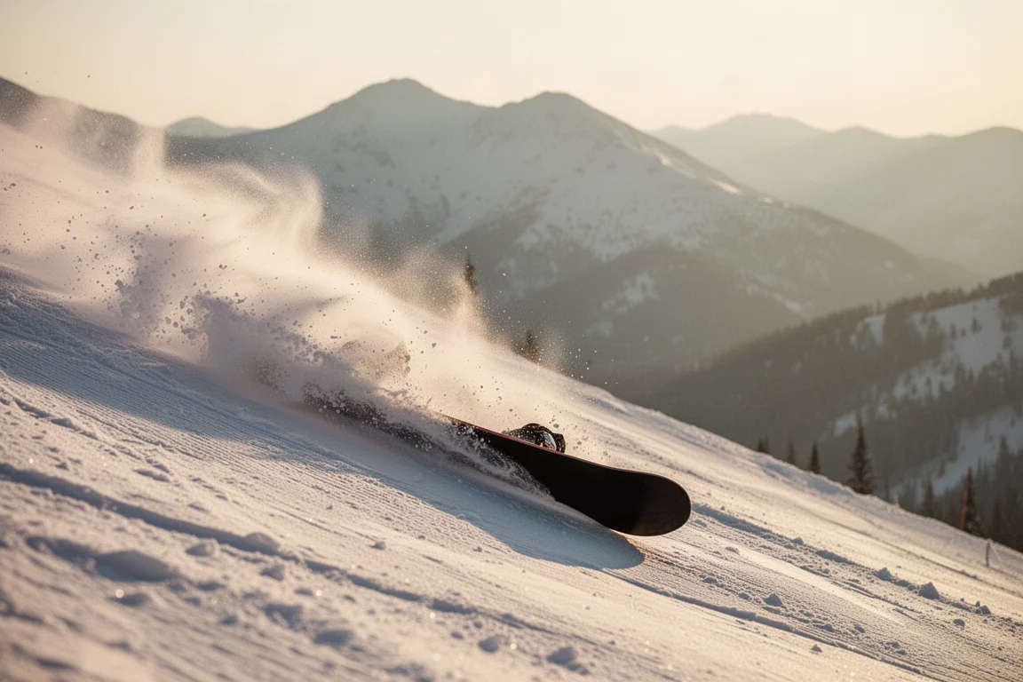 Snowboarder's edge carving through groomed snow spray at dusk
