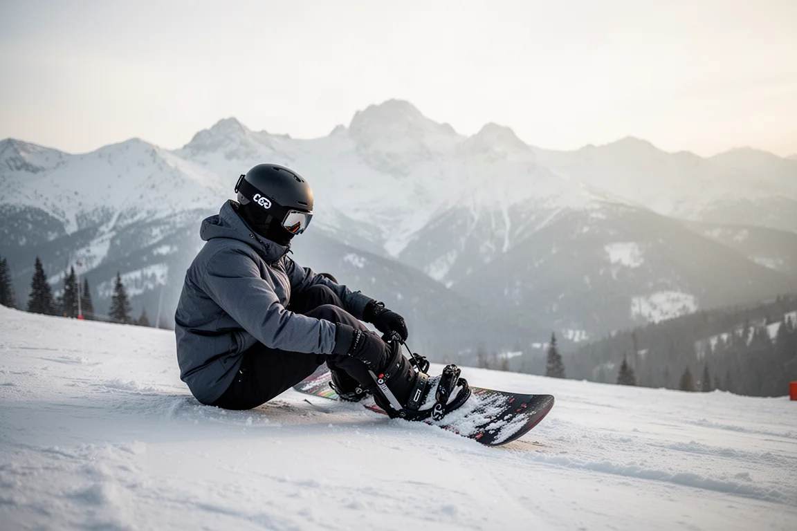 Åkare som spänner sig i snowboardbindningar på en snötäckt backe