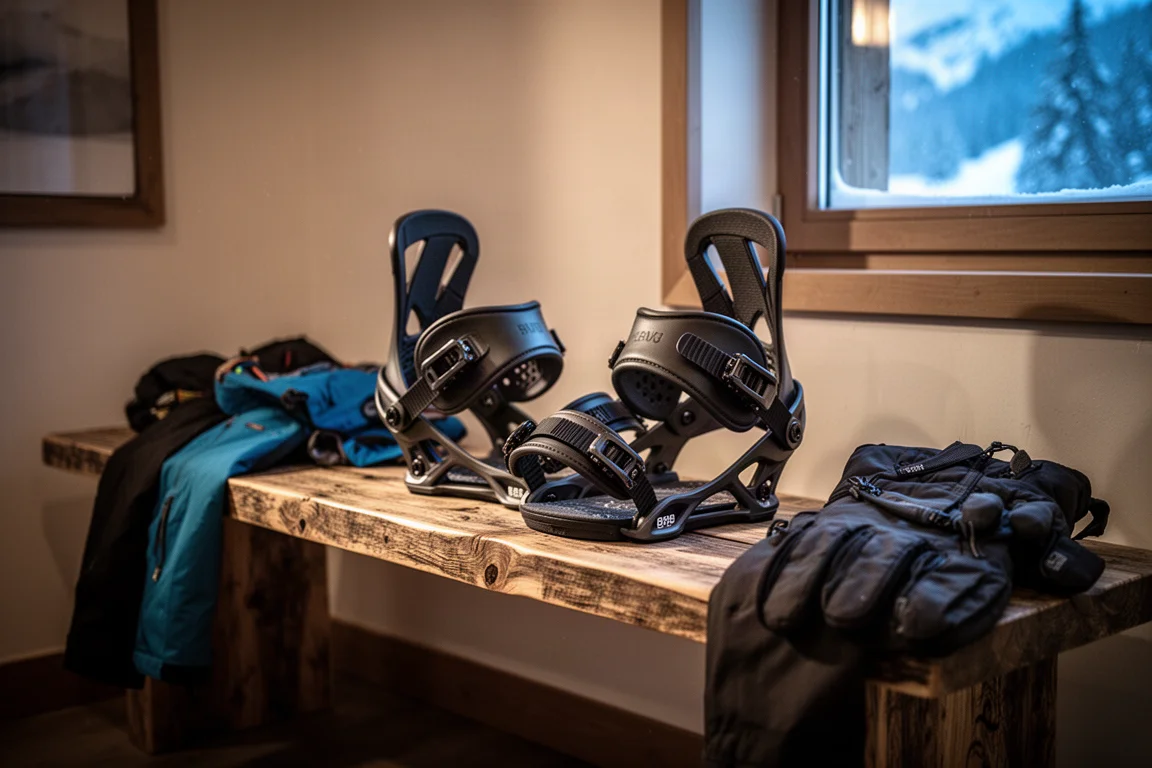 Snowboardbindningar som vilar på en träbänk efter en dag på brädan