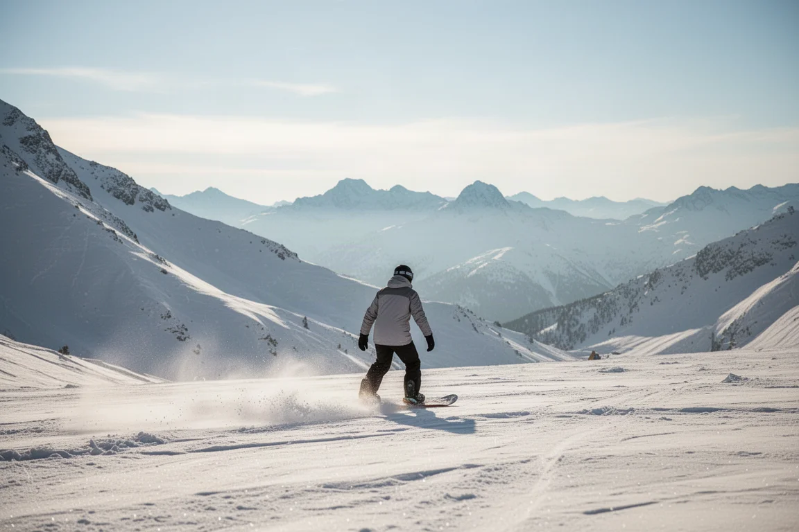 Snowboarder riding across a high-alpine glacier slope on an opening-weekend morning