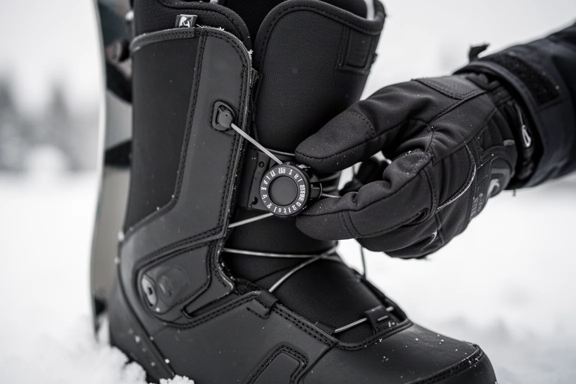 Close-up of a gloved hand turning a Boa dial on a snowboard boot