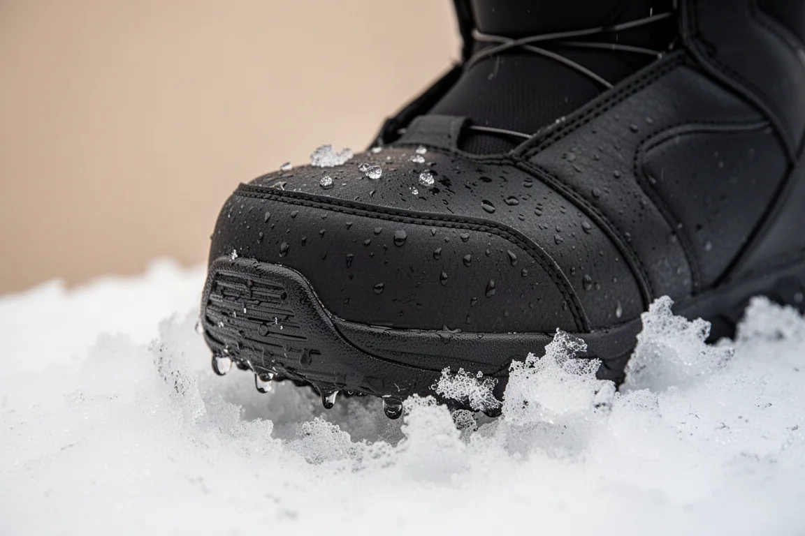 Snowboard boot toe cap pressed into wet slushy spring snow