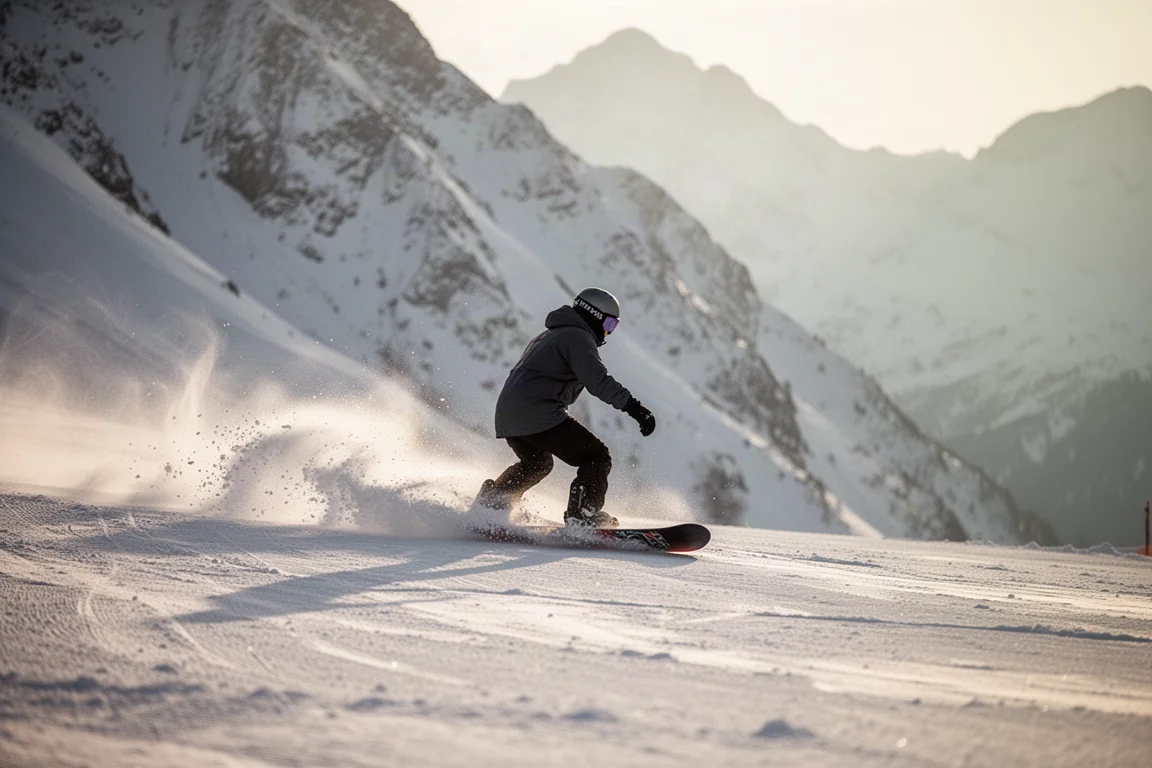 Snowboarder carving a clean arc down a firm groomed piste