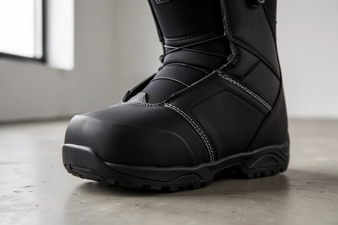 Snowboard boot shell showing a large rubber toe cap and articulated cuff