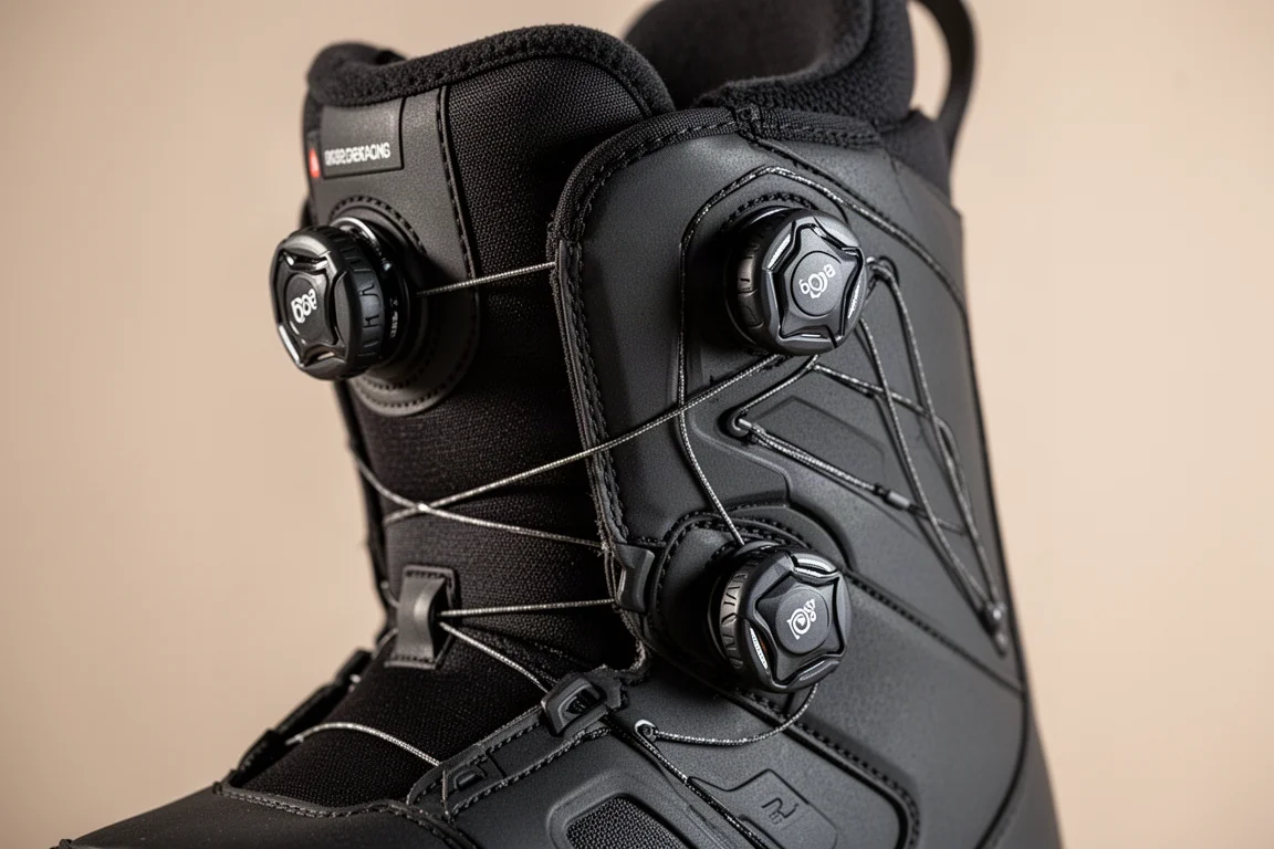 Dual Boa dials and asymmetrical cable routing on a snowboard boot