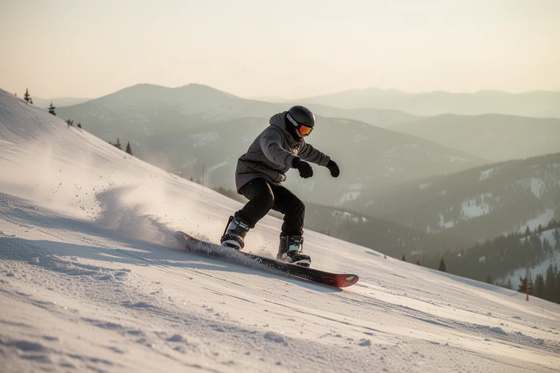 Snowboarder carving on a heel-side turn on a groomed mountain slope