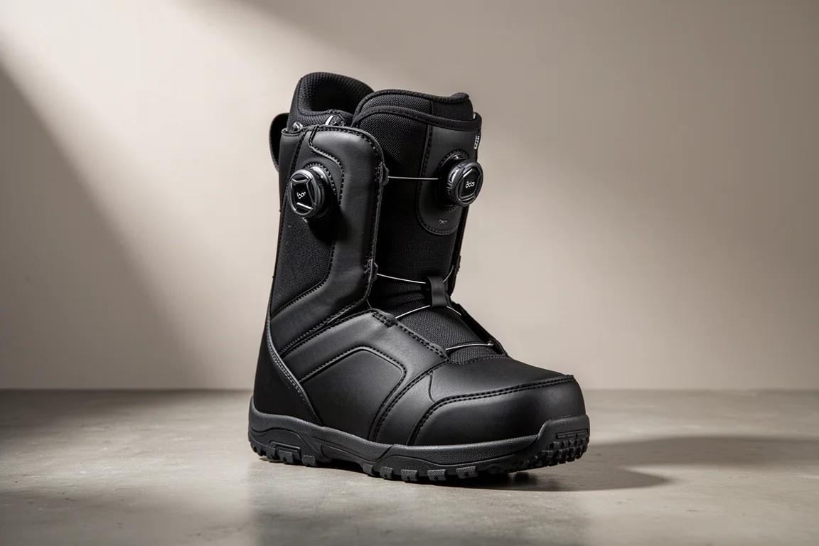 Nidecker Rift snowboard boot with dual Boa dials on a concrete surface
