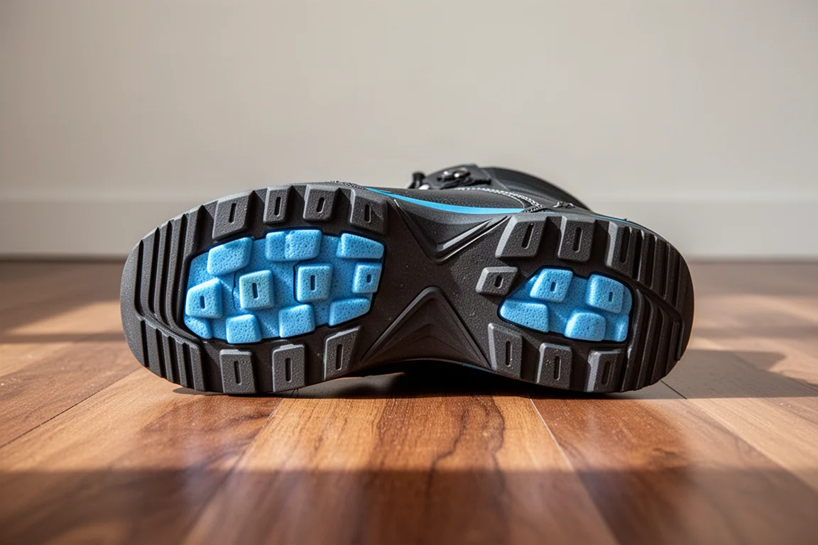 Suela de una bota de snowboard mostrando la banda de rodadura de goma y las secciones de espuma de impacto azul