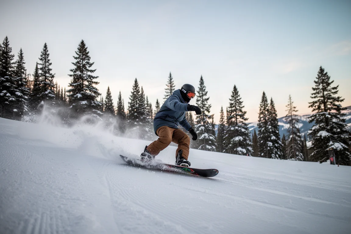 Snowboarder descendiendo una pista pisada al atardecer